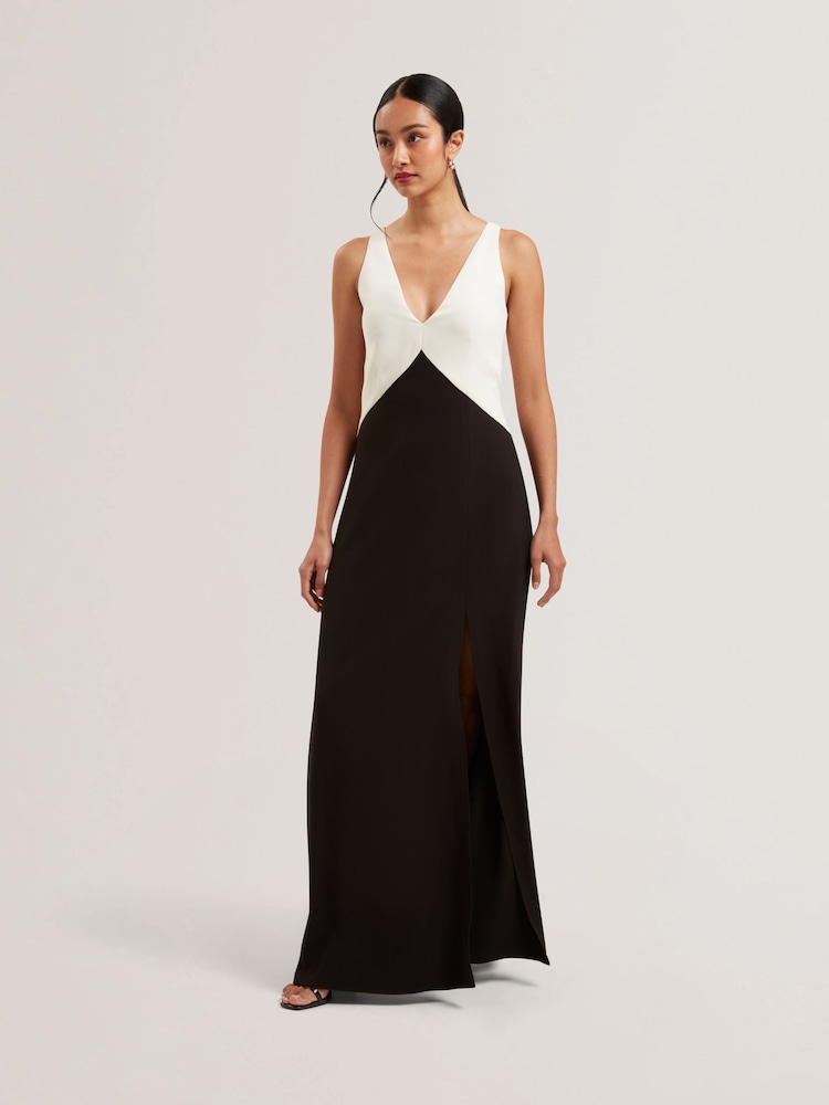 Ted Baker Black Sucre Contrast Paneling Midi Side Slit Dress - Image 1 of 5