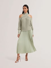 Ted Baker Green Siko Pleated Midi Elasticated Waistband Skirt - Image 1 of 5