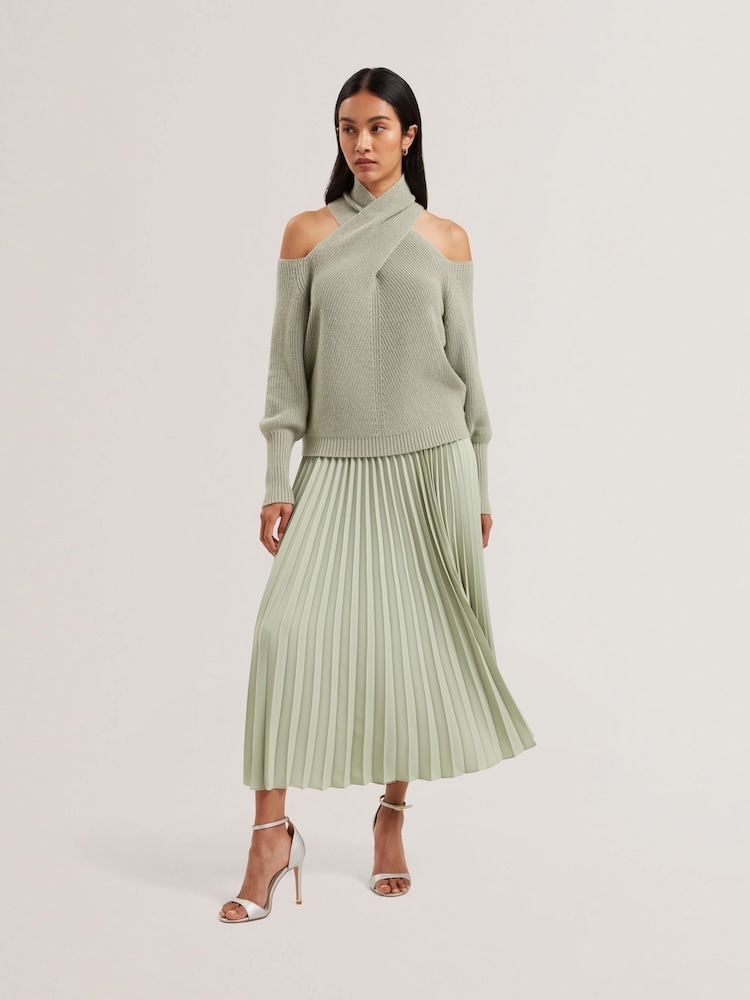 Ted Baker Green Siko Pleated Midi Elasticated Waistband Skirt - Image 1 of 5
