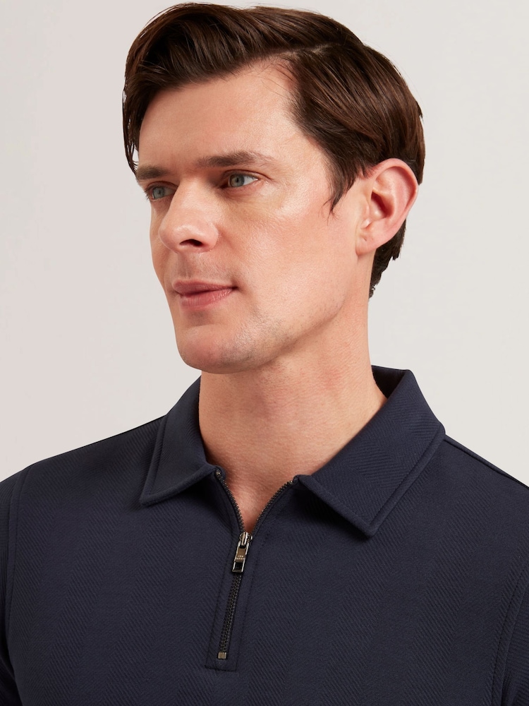 Ted Baker Blue Kalend Long Sleeve Zip Herringbone Polo Shirt - Image 4 of 6