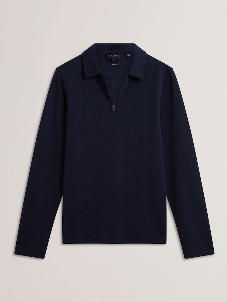 Ted Baker Blue Kalend Long Sleeve Zip Herringbone Polo Shirt - Image 5 of 6