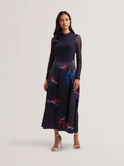 Ted Baker Blue Lilabel Mesh Top Printed Skirt Midi Dress - Image 1 of 5
