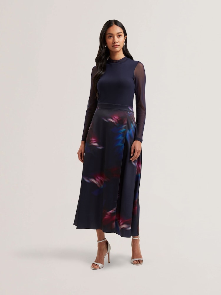 Ted Baker Blue Lilabel Mesh Top Printed Skirt Midi Dress - Image 1 of 5