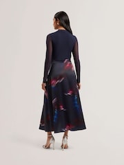 Ted Baker Blue Lilabel Mesh Top Printed Skirt Midi Dress - Image 3 of 5