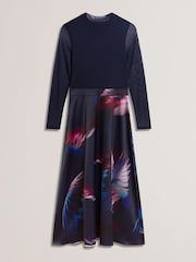 Ted Baker Blue Lilabel Mesh Top Printed Skirt Midi Dress - Image 5 of 5