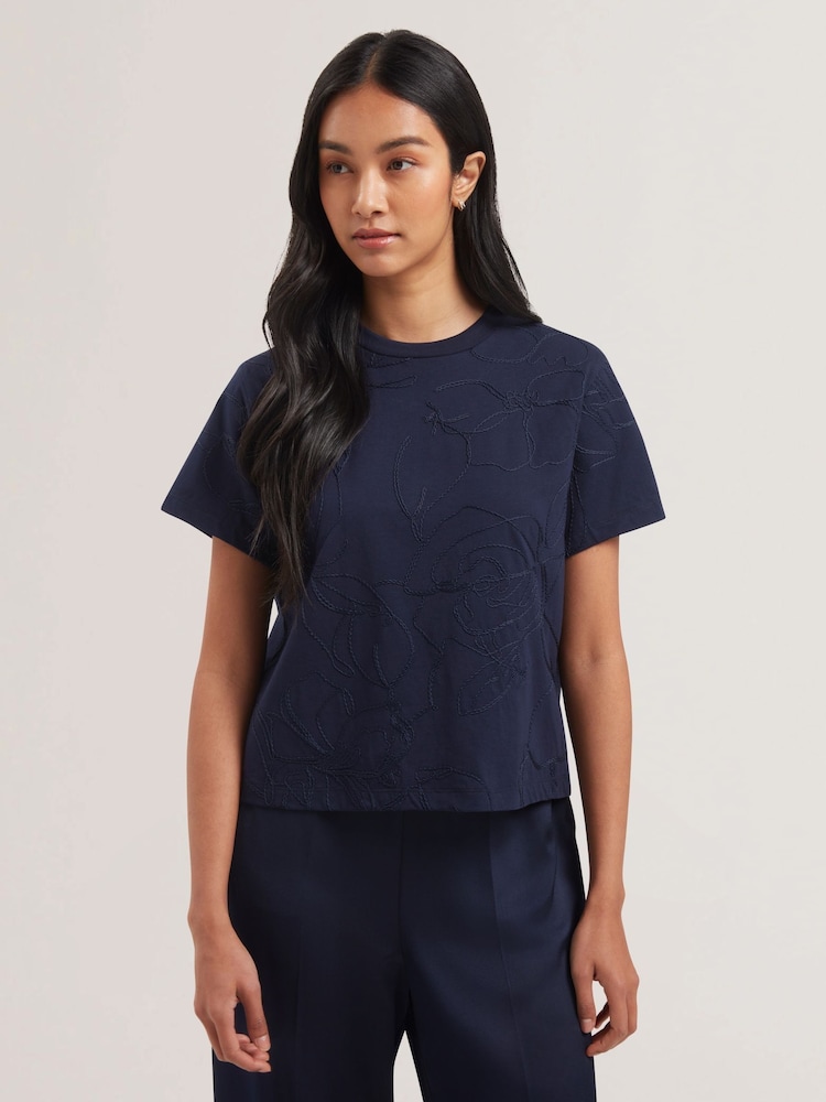 Ted Baker Blue Agaly Short Sleeve All Over Embroidered Boxy T-Shirt - Image 1 of 6