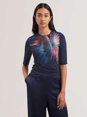 Ted Baker Blue Hannaz Printed Slinky Jersey Half Sleeve Top - Image 2 of 4