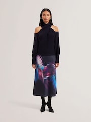 Ted Baker Blue Gilao Printed Midi Bias Cut Skirt - Image 1 of 5