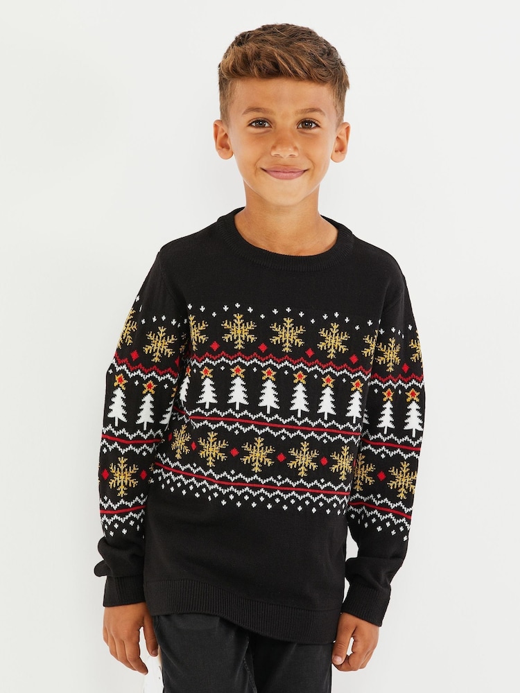 Threadboys Black Crew Neck Christmas Jumper - Image 1 of 5