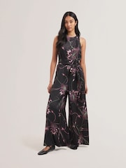 Ted Baker Black Beckkie Printed Wide Leg Jumpsuit with Pleat Detail - Image 1 of 5