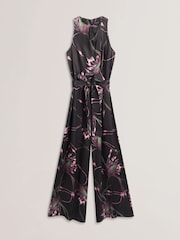 Ted Baker Black Beckkie Printed Wide Leg Jumpsuit with Pleat Detail - Image 4 of 5