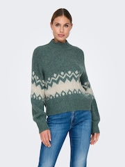 JDY Green Long Sleeve Cosy Knitted Fairsle Pattern Christmas Jumper - Image 1 of 6