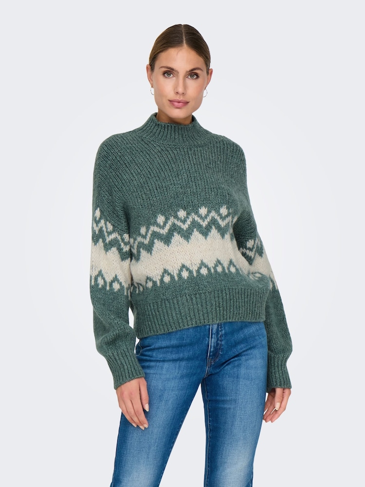 JDY Green Long Sleeve Cosy Knitted Fairsle Pattern Christmas Jumper - Image 1 of 6