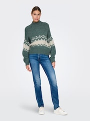 JDY Green Long Sleeve Cosy Knitted Fairsle Pattern Christmas Jumper - Image 2 of 6