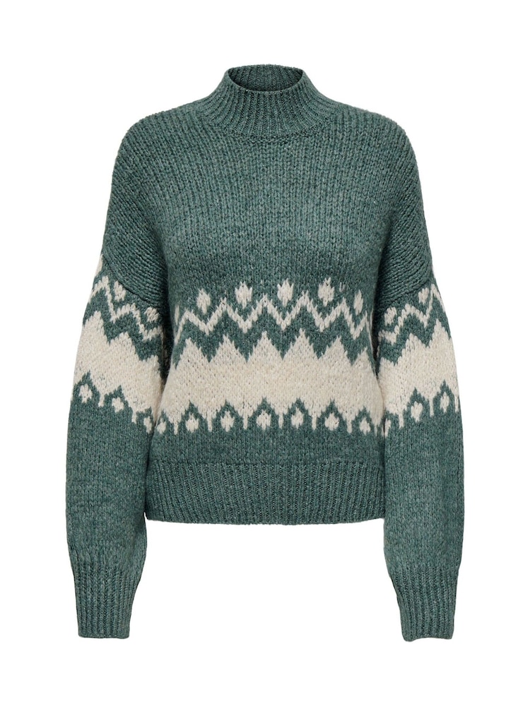 JDY Green Long Sleeve Cosy Knitted Fairsle Pattern Christmas Jumper - Image 6 of 6