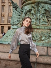 JDY Grey Long Sleeve Pussy Bow Blouse - Image 2 of 10