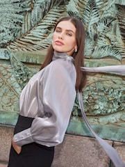 JDY Grey Long Sleeve Pussy Bow Blouse - Image 4 of 10