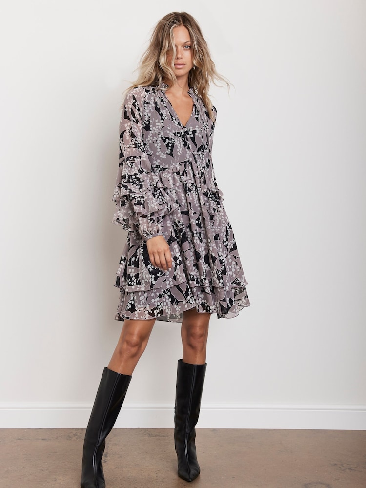 Mint Velvet Grey Floral Print Ruffle Mini Dress - Image 1 of 4