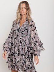 Mint Velvet Grey Floral Print Ruffle Mini Dress - Image 2 of 4