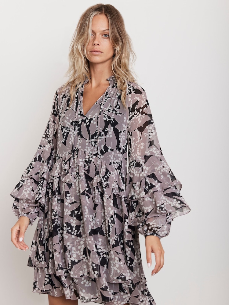 Mint Velvet Grey Floral Print Ruffle Mini Dress - Image 2 of 4
