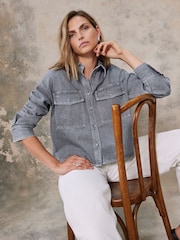 Mint Velvet Grey 100% Cotton Cropped Denim Shirt - Image 1 of 4