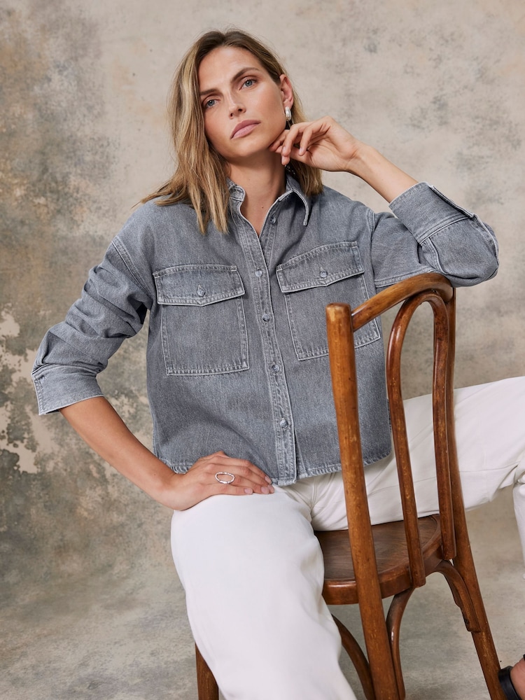 Mint Velvet Grey 100% Cotton Cropped Denim Shirt - Image 1 of 4 Mint Velvet Grey 100% Cotton Cropped Denim Shirt - Image 1 of 4