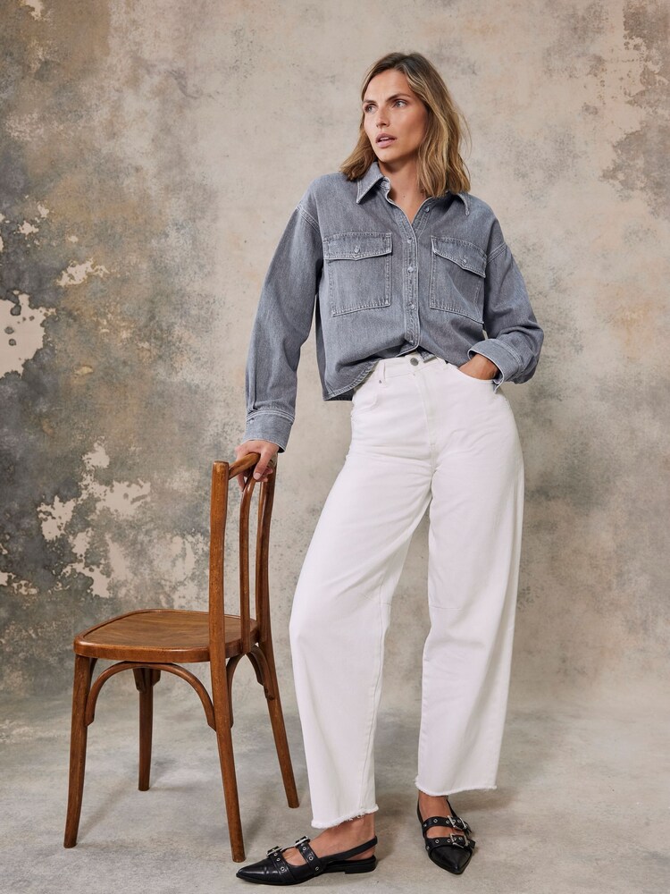 Mint Velvet Grey 100% Cotton Cropped Denim Shirt - Image 2 of 4 Mint Velvet Grey 100% Cotton Cropped Denim Shirt - Image 2 of 4