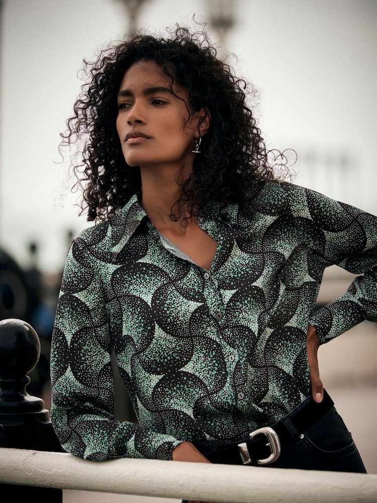 Mint Velvet Green Geometric Print Satin Shirt - Image 1 of 4