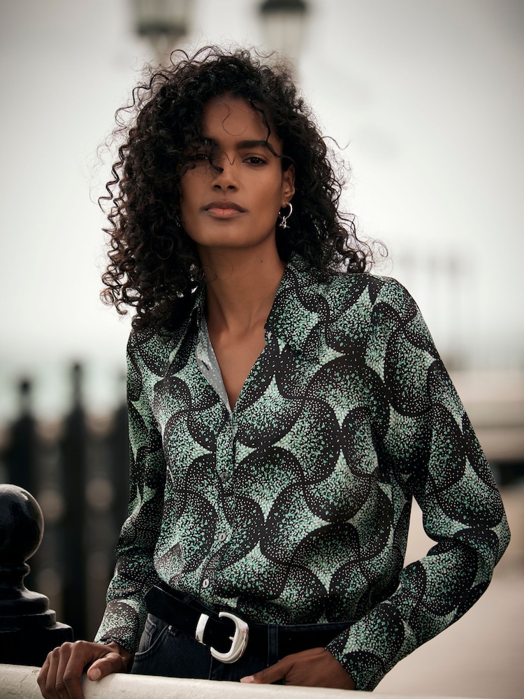 Mint Velvet Green Geometric Print Satin Shirt - Image 2 of 4