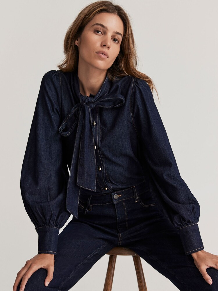 Mint Velvet Blue Dark Indigo 100% Cotton Tie Neck Denim Blouse - Image 1 of 4