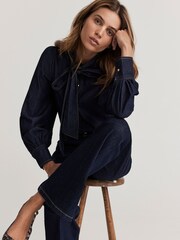 Mint Velvet Blue Dark Indigo 100% Cotton Tie Neck Denim Blouse - Image 2 of 4