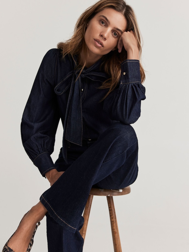 Mint Velvet Blue Dark Indigo 100% Cotton Tie Neck Denim Blouse - Image 2 of 4