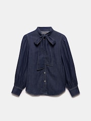 Mint Velvet Blue Dark Indigo 100% Cotton Tie Neck Denim Blouse - Image 3 of 4