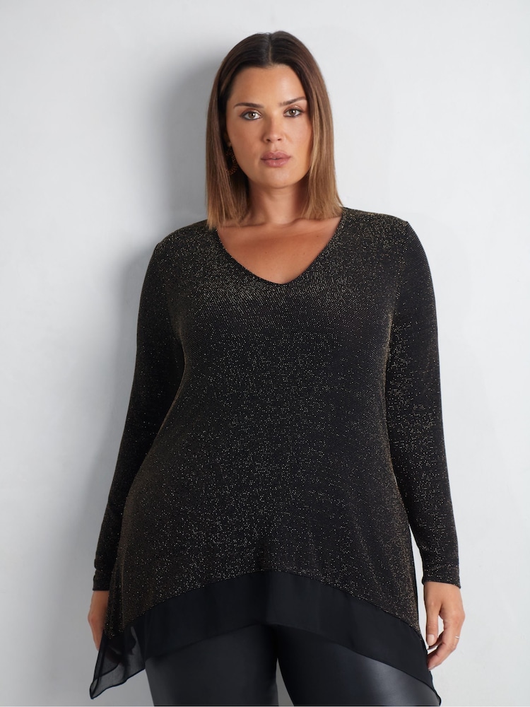Live Unlimited Gold Curve Sparkle Jersey Hanky Hem Tunic - Image 1 of 7