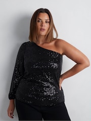 Live Unlimited Black Curve Sequin One Shoulder Top - Image 1 of 5