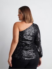 Live Unlimited Black Curve Sequin One Shoulder Top - Image 4 of 5