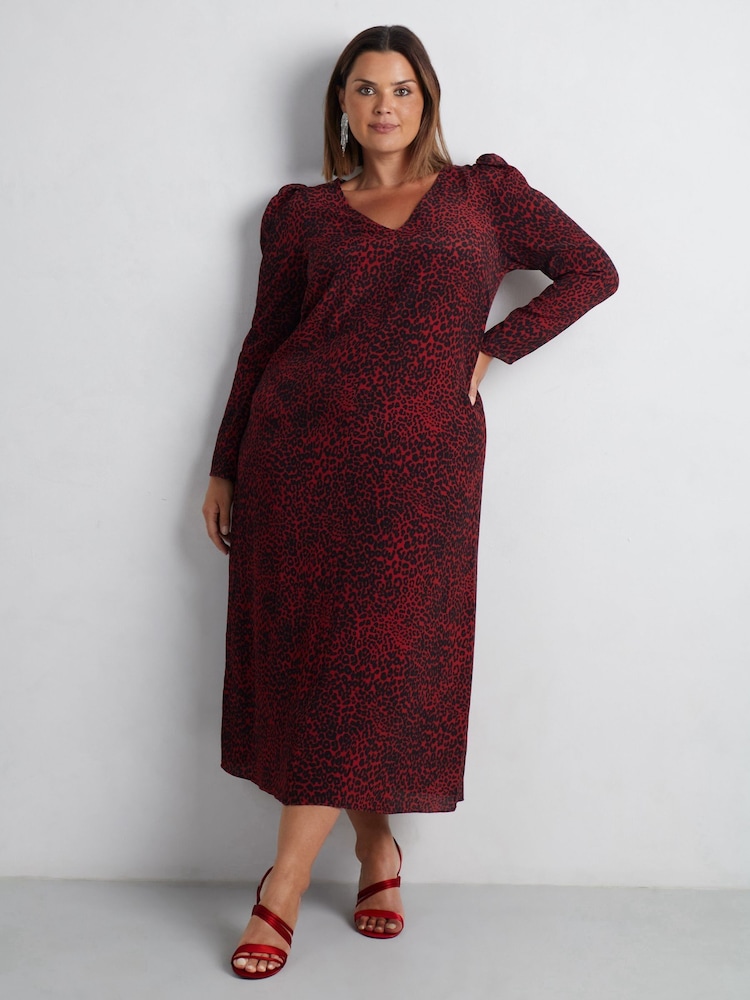 Live Unlimited Red Leopard Print Long Sleeve Midi Dress - Image 1 of 7
