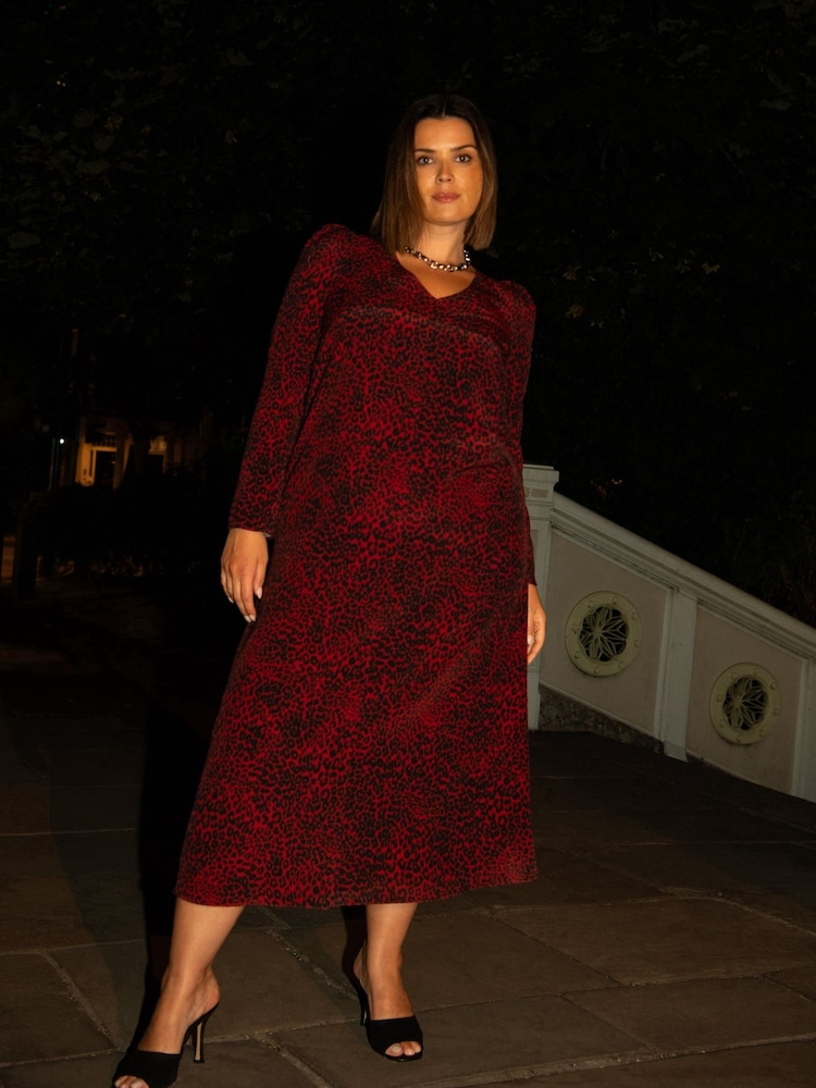 Live Unlimited Red Leopard Print Long Sleeve Midi Dress - Image 7 of 7