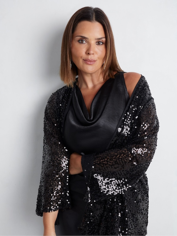 Live Unlimited Black Curve Sequin Kimono - Image 1 of 4