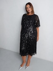 Live Unlimited Black Curve Fringe Sequin Midi Dress - Image 1 of 8