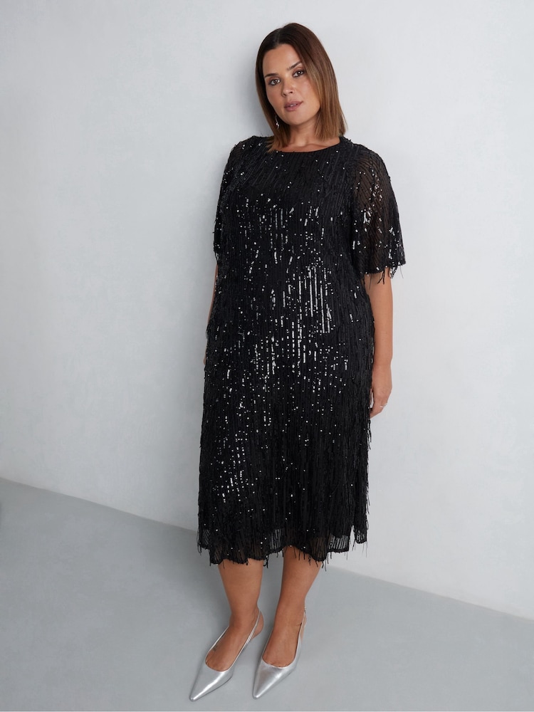 Live Unlimited Black Curve Fringe Sequin Midi Dress - Image 1 of 8