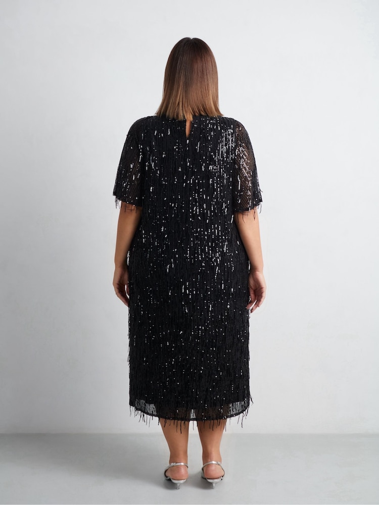 Live Unlimited Black Curve Fringe Sequin Midi Dress - Image 2 of 8