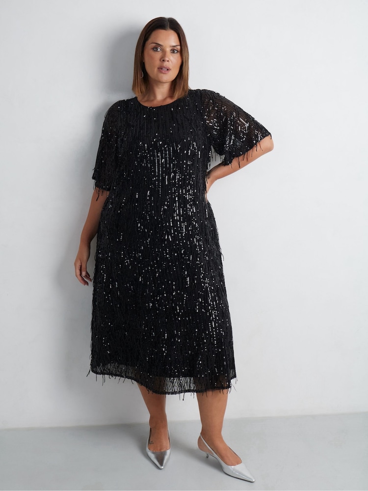 Live Unlimited Black Curve Fringe Sequin Midi Dress - Image 3 of 8