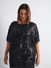 Live Unlimited Black Curve Fringe Sequin Midi Dress - Image 4 of 8