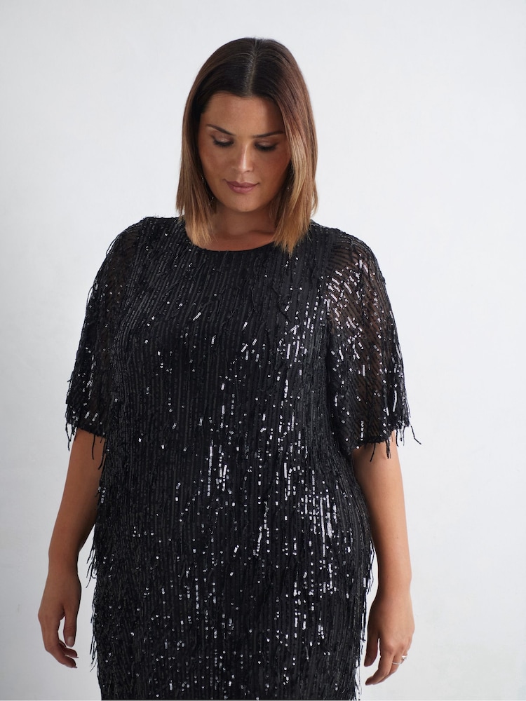 Live Unlimited Black Curve Fringe Sequin Midi Dress - Image 4 of 8