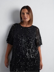 Live Unlimited Black Curve Fringe Sequin Midi Dress - Image 5 of 8