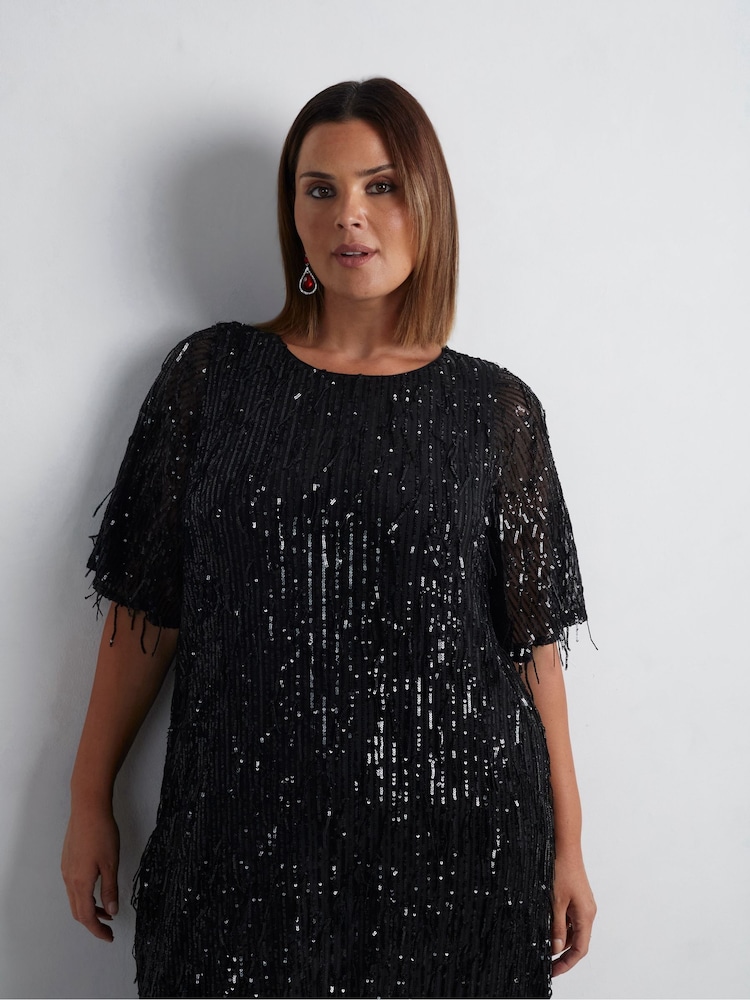 Live Unlimited Black Curve Fringe Sequin Midi Dress - Image 5 of 8