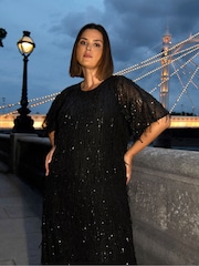 Live Unlimited Black Curve Fringe Sequin Midi Dress - Image 6 of 8