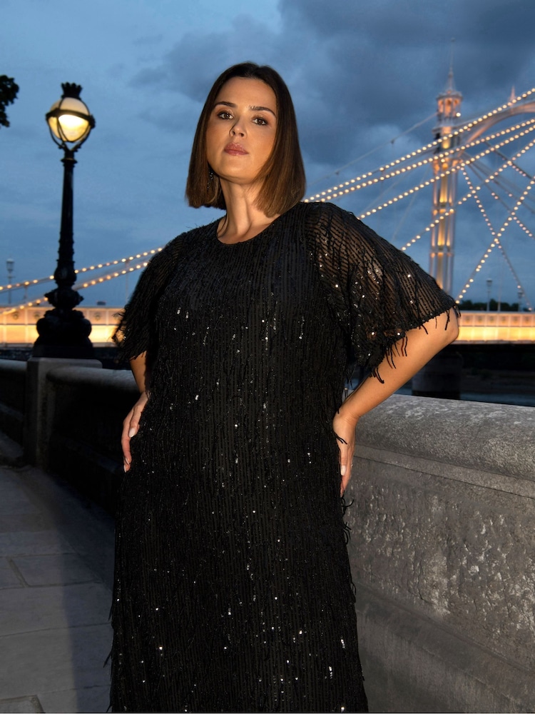 Live Unlimited Black Curve Fringe Sequin Midi Dress - Image 6 of 8