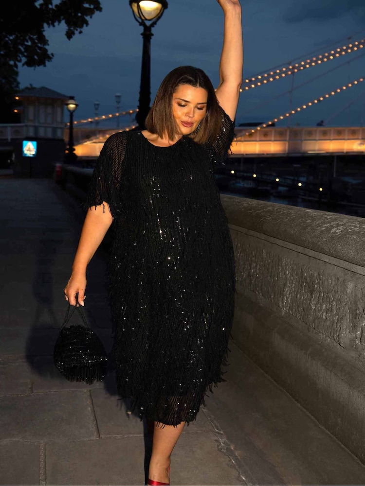 Live Unlimited Black Curve Fringe Sequin Midi Dress - Image 7 of 8